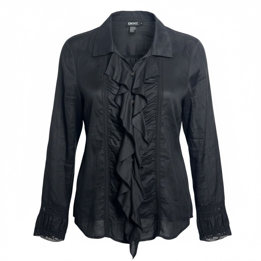 DKNY Vintage Ruffle Blouse Black Gothic Victorian Steampunk Size 14 Donna Karan